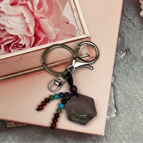 Natural Amethyst Hexagon Stone with Rainbow Chakra Keychain Charm - Picture 6 of 16
